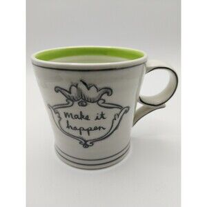 ANTHROPOLOGIE MOLLY HATCH "MAKE IT HAPPEN" COFFEE MUG GREEN STRIPES MOTIVATION